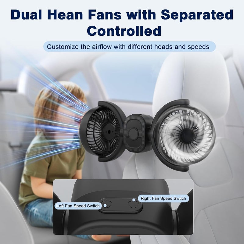 Hayousui Rechargeable Dual-Head Fan for Car: USB Cooling Backseat Fans for Baby with 360° Rotatable 3-Speed Separate Controlled 16H Runtime 5V 2A Auto Electric Air Ventilation Cooler For Vehicle SUV RV Trunk - Image 4